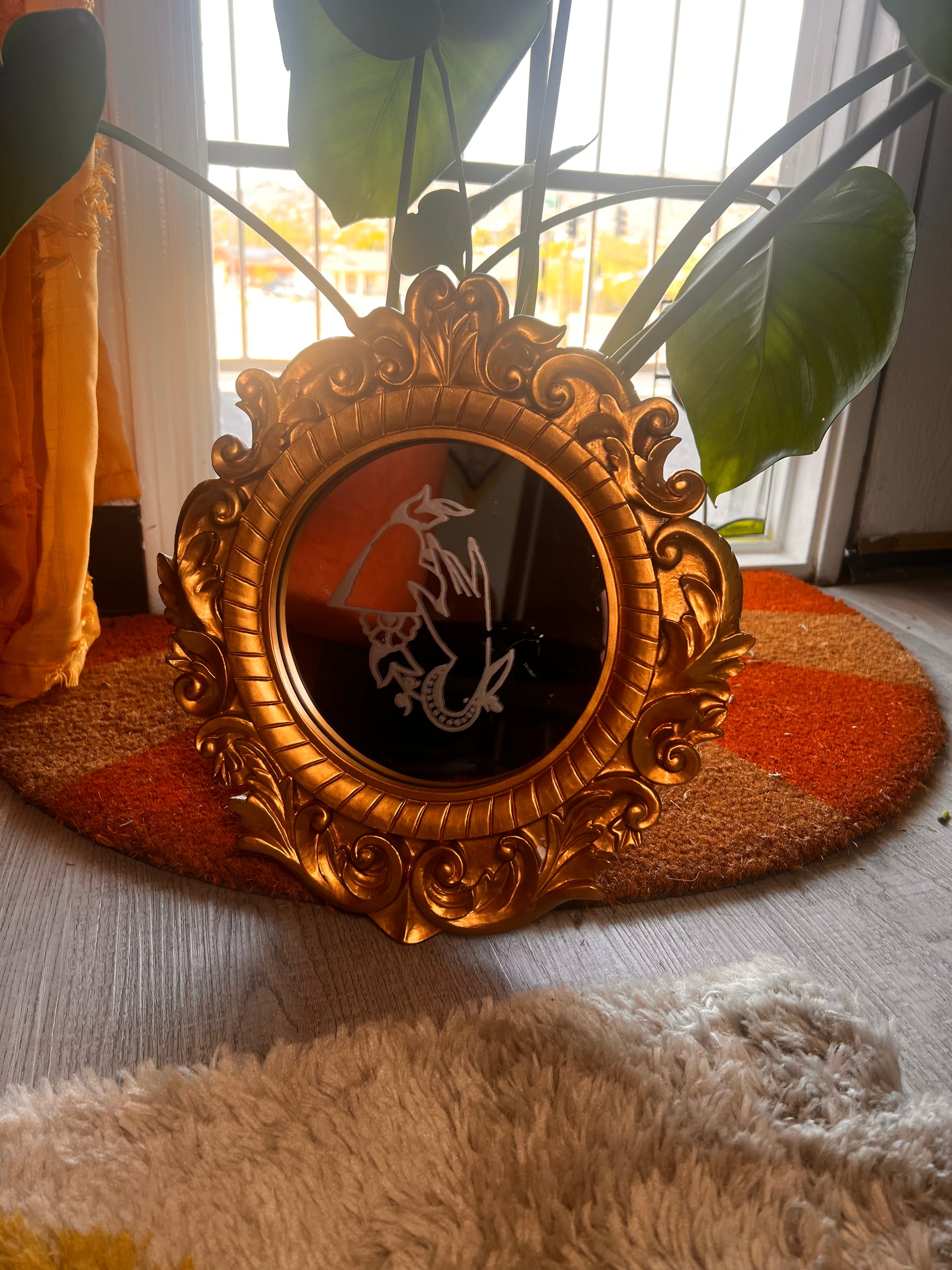 Etched glass mirror